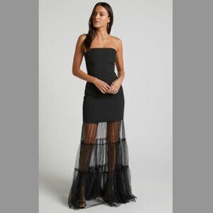Showpo Sidda Strapless Tulle Tiered Maxi Dress in Black